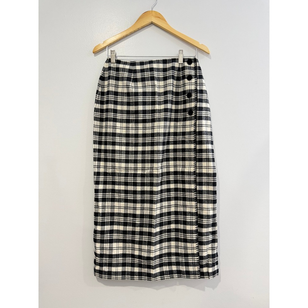 Talbots Vintage Navy White Plaid Cotton Midi Wrap Skirt Side Button Cotton‎ 8